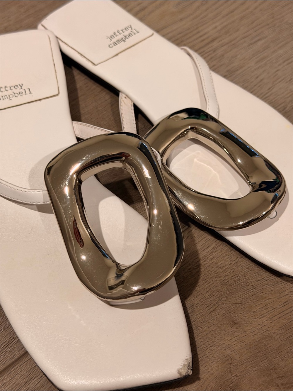 Jeffrey Campbell White Slide Sandals with Polished Gold Accent Buckles